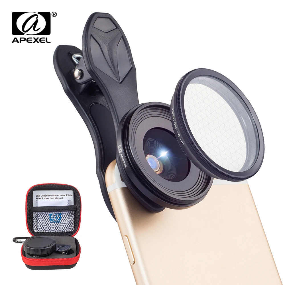 

APEXEL Universal 2 in 1 20X Macro Lens Professional Mobile Phone Camera Lenses with star filter for iPhone Samsung Xiaomi redmi