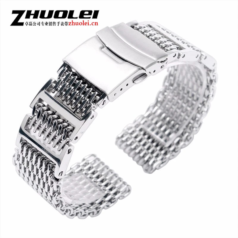 

High quality Stainless Steel Silver Shark Mesh 22mm + 2 Spring Bars Men Watch Band Strap Fold Over Clasp with Safety bracelet