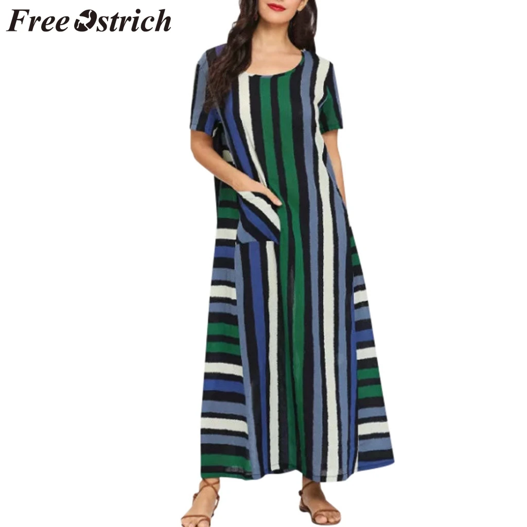 FREE OSTRICH Women Long Dress Cotton Linen Striped Color Potchwork Short-sleeved Loose Plus Size Dignified Summer | Женская одежда