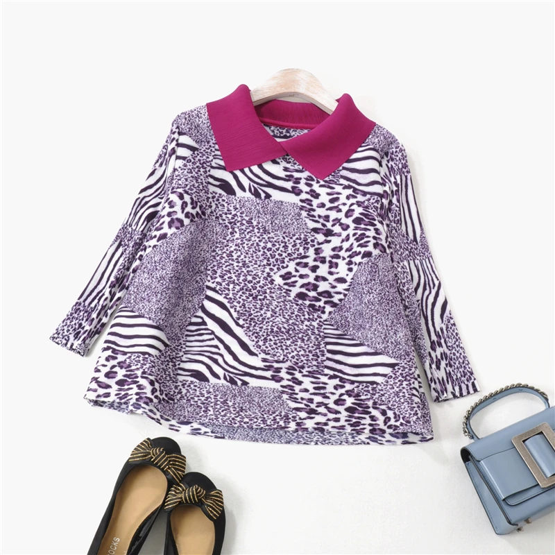 

Fashion Lean Leopard Print Colorblock Lapel Pleated Top Cropped Sleeve t shirt MIYAKE PLEATS tshits free shipping