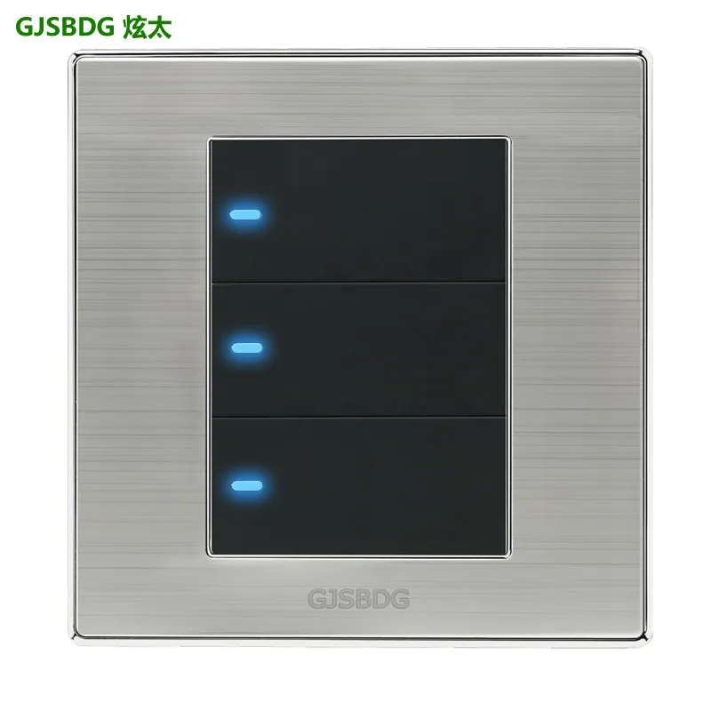 

Hot Sale 1pcs 3 Gang 1 Way Wall Switch Push Button GJSBDG Luxury Panel Light Switch LED Indicator 250V 10A Waterproof