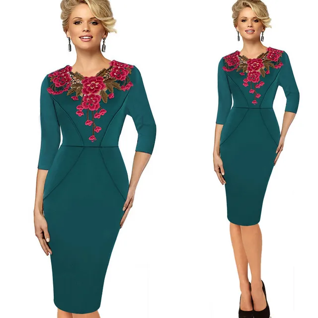 2018 Women Elegant Lace Floral Applique One Piece Dress Suit Party Special Occasion Bridesmaid Mother of Bride Bodycon 50s Dress 1