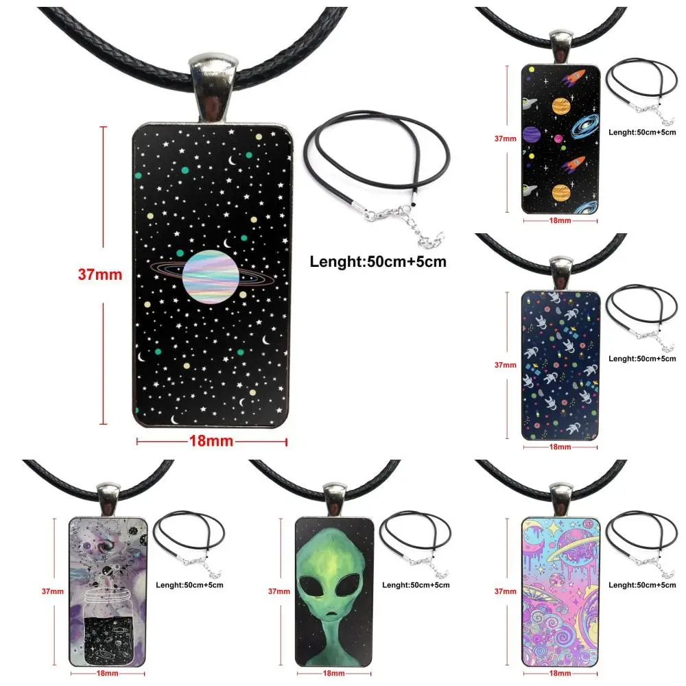 

Sky Aliens Ufo Astronauts Glass Cabochon Choker Pendant Rectangle Necklace Steel Color Jewelry For Girls Handmade Gift