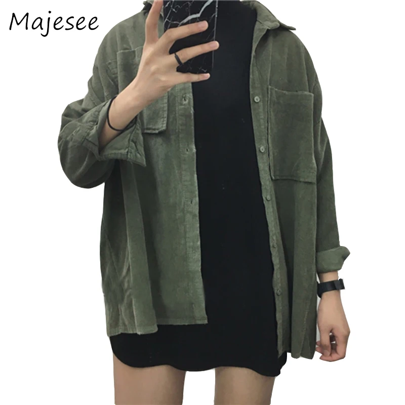 Goedkoop Corduroy Losse Basic Jassen Ulzzang BF Stijl Studenten Nieuwe Effen Kleur Jas Womens Lange Mouwen Uitloper Vrouwen Zakken 2 Kleuren