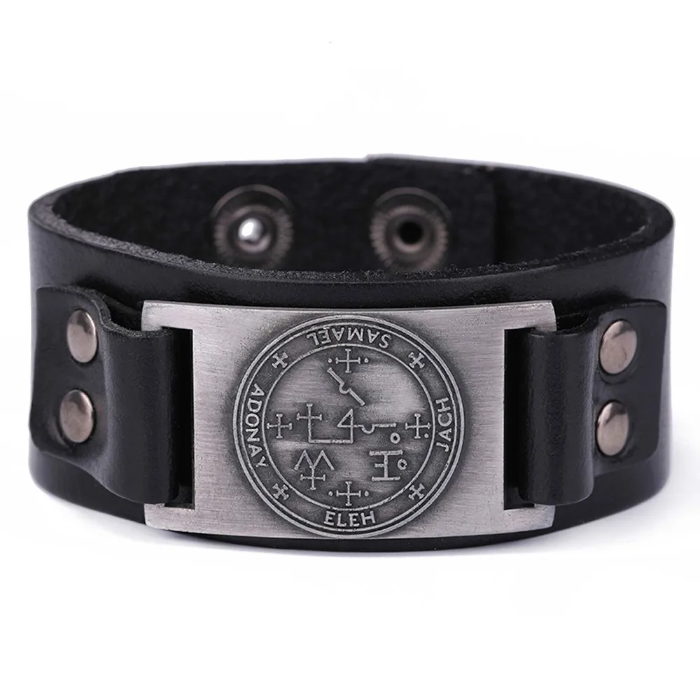 

Archangel Pattern Pulseira masculina Amulet Pagan Leather Cuff man's Bracelets
