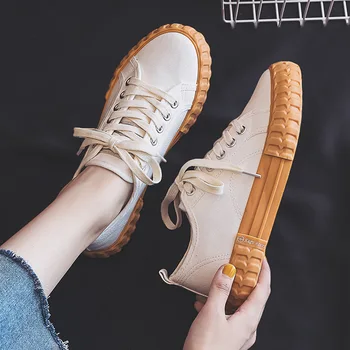

Women Canvas Shoes Cookie Sneakers Solid Color All Match Chunky Sole Lace Up Girls White Trainers Ins Fashion Style Student Shoe