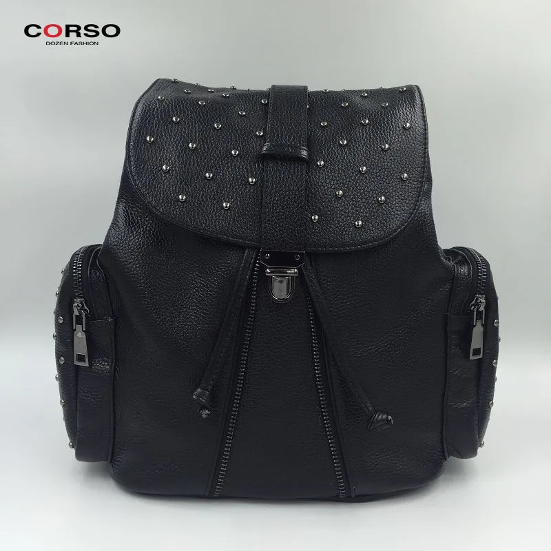 

2017 Women Rivet New Mochila Feminina Cell Phone Pocket Backpack Kpop Corso Genuine Leather Cow Female Fashion With Rivets