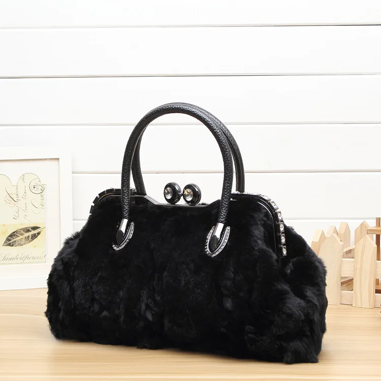 

Design Woman Real Fur Bags For Ladies Women Tote Doctor Bag Winter Luxury Diamonds Messenger Bag Genuine Leather Handbags
