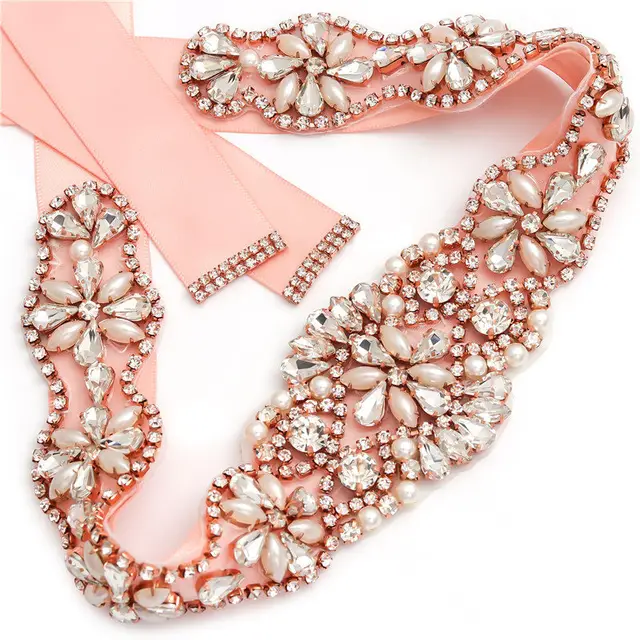 MissRDress Wedding Rhinestones Bridals Belt Pearls Crystal Bridal Belt Jeweled Bridal Sash For Wedding Dresses Pearl Belts JK806 Rose gold---blush