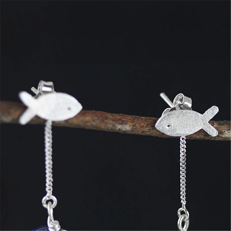 Lotus Fun 925 Sterling Silver Long Drop Dangle Earrings for Women Unique Blue Lapis Cat & Fish Earings Fine Jewelry Girl Gift