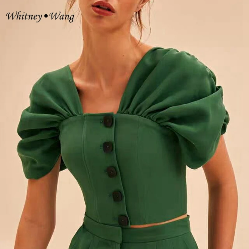 

WHITNEY WANG Blouses Woman 2019 Summer Fashion Streetwear Ruched Puff Sleeve Slim Short Blouse Women blusas Shirt Tops