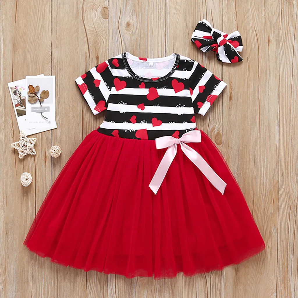 

Toddler Kid Baby Girl Heart Striped Printed Patchwork Princess Dress Clothes Drop Shipping