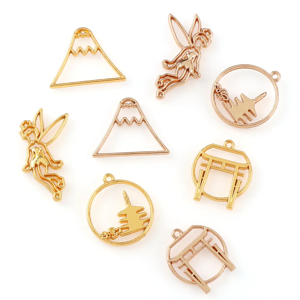 

4pc/set Mix Metal Hollow Triangle Tower Angel Shape UV Resin Charm Frame Pendant Gold Charm Bezel Setting Cabochon Setting