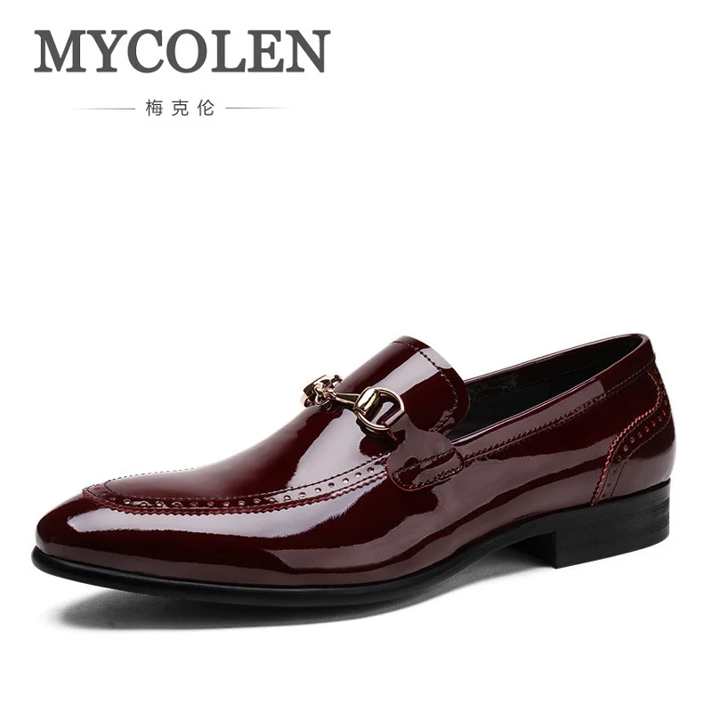 

MYCOLEN Fashion Leisure Mens Dress Shoes Genuine Patent Leather Black Wine Red Pointed Toe Wedding Male Shoes Herenschoenen