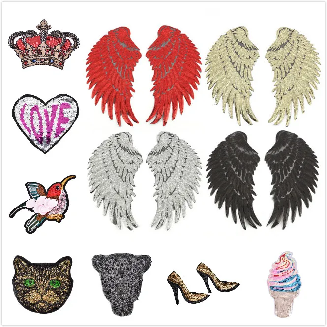 

Sliver Gold Red Angel Wings Patch Applique Sewing Iron On Sequin Patches For Clothes Stickers Jeans Fabric Patch Sewing Supplies