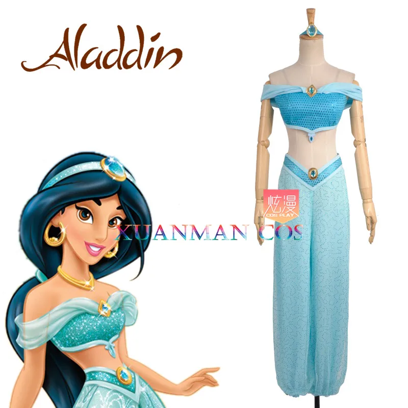 

W0944 Film Aladdin's lamp Princess Jasmine Cosplay Costume Custom Made Blue Sequined Loose Pants Sexy Cap Sleeve Tube Tops