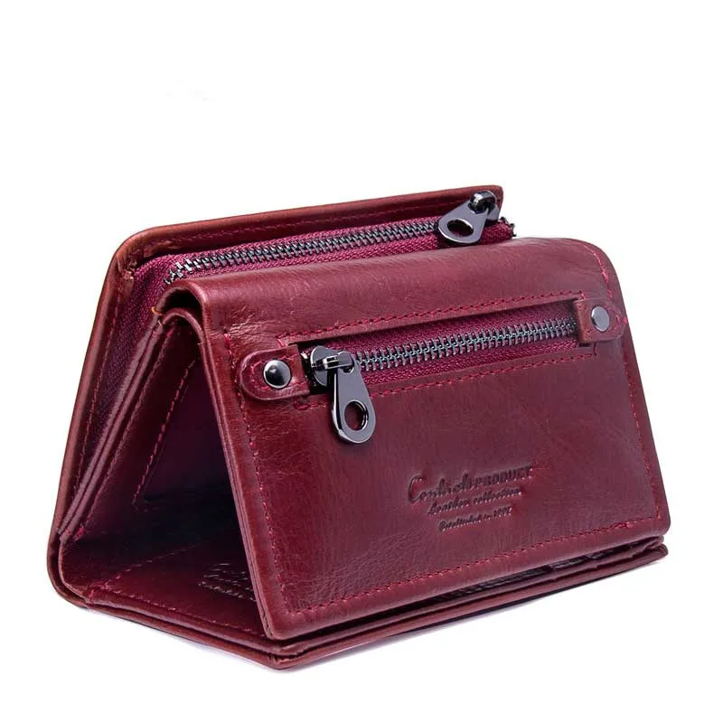 Women Genuine Leather Wallet Female Zipper and Hasp Coin Credit Card Holder Red Trifold Wallet ...