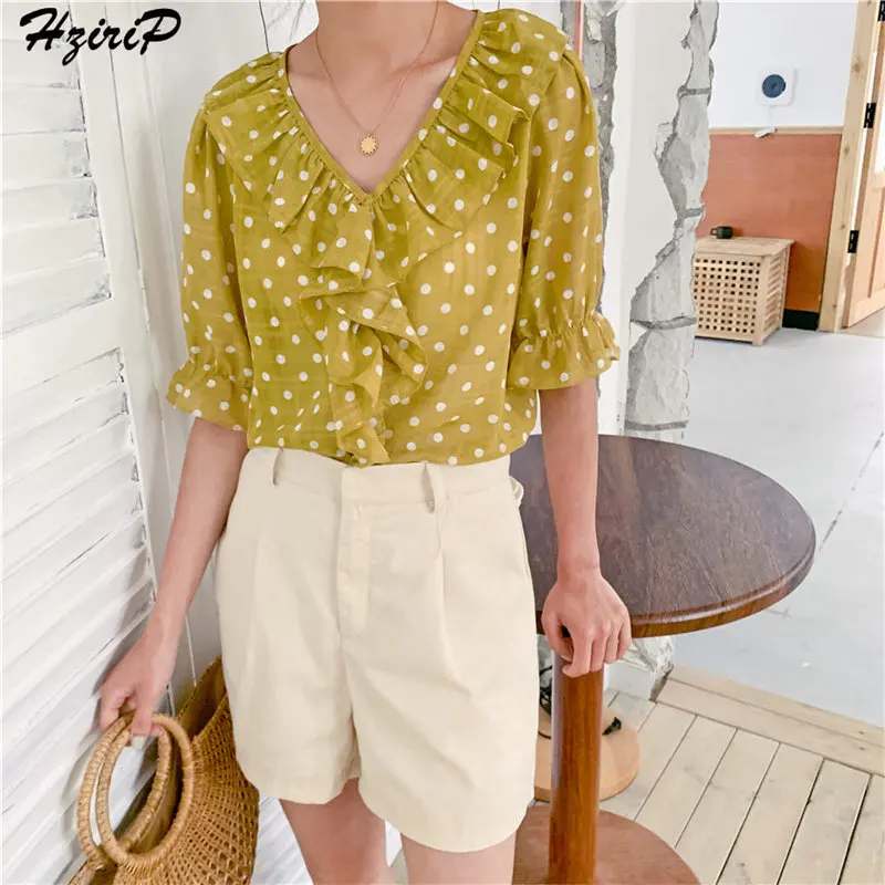 

HziriP Korea Summer Polka Dots V-Neck Half-Sleeved Loose Ruffles Fresh Casual Sweet Fashion Elegant Women Shirts Large Size