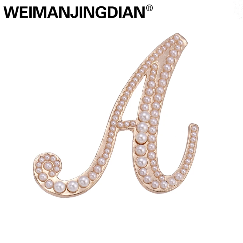 

WEIMANJINGDIAN New Arrival Simulated Pearl Letter A Brooch Pins for Lady in Gold Color Plated