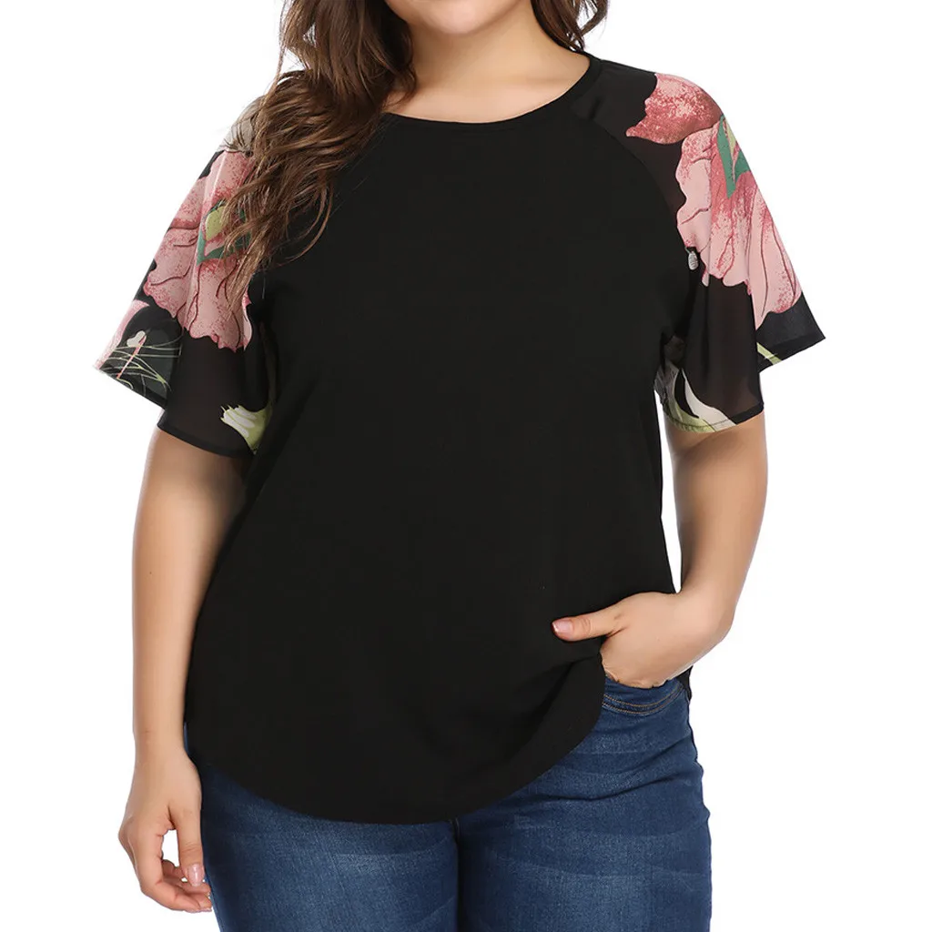 Шифоновая Блузка, женская рубашка, повседневные топы с цветочным принтом, с круглым вырезом, размера плюс, блузка с коротким рукавом, рубашка Blusas Mujer De Moda, сорочка - Цвет: Черный