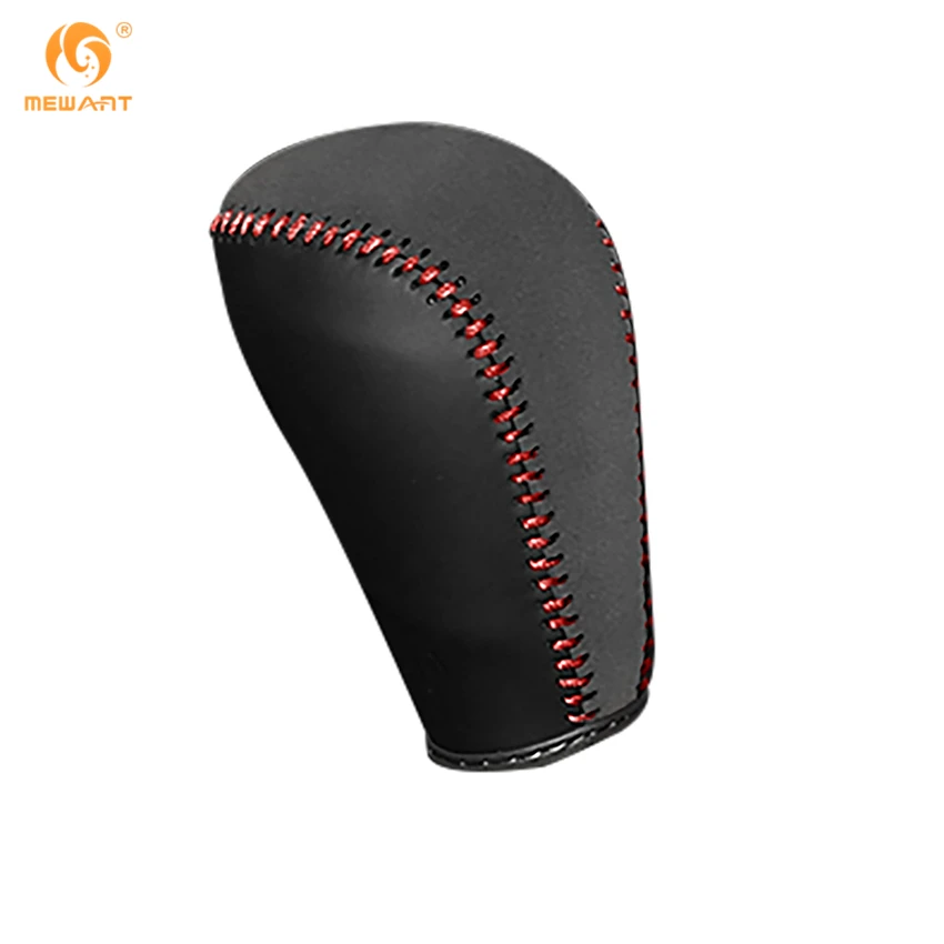 MEWANT Black Genuine Leather Black Suede Car Gear Shift Knob Cover for