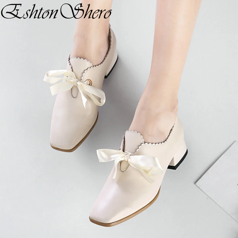 

EshtonShero Spring Women's Shoes Woman Pumps Cow Leather+PU Low Heels Riband Square Toe Basic Ladies Wedding Shoes Size 3-9