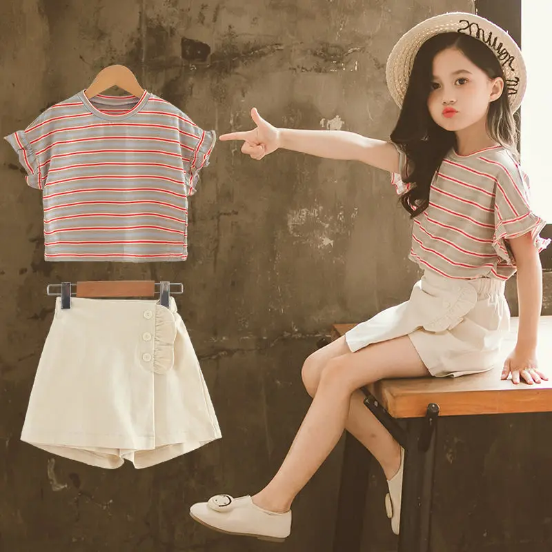 short sleeve stripe T-shirt+white shorts for kid girls clothes summer kids girl set 2019 clothing fashion outfits 4-9 years