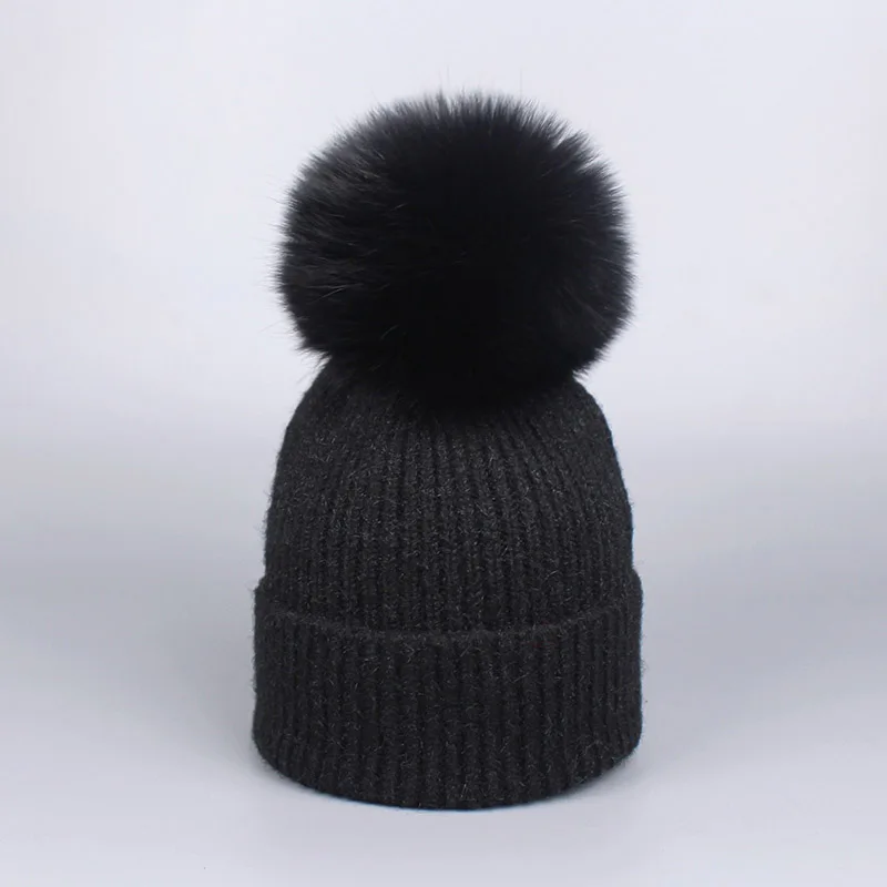Зимняя Модная вязаная шапка и шарф наборы для женщин шапки с большим натуральным лисьим мехом помпон Флисовая Балаклава Топ Bone Gorro - Цвет: Black Hat 1ball