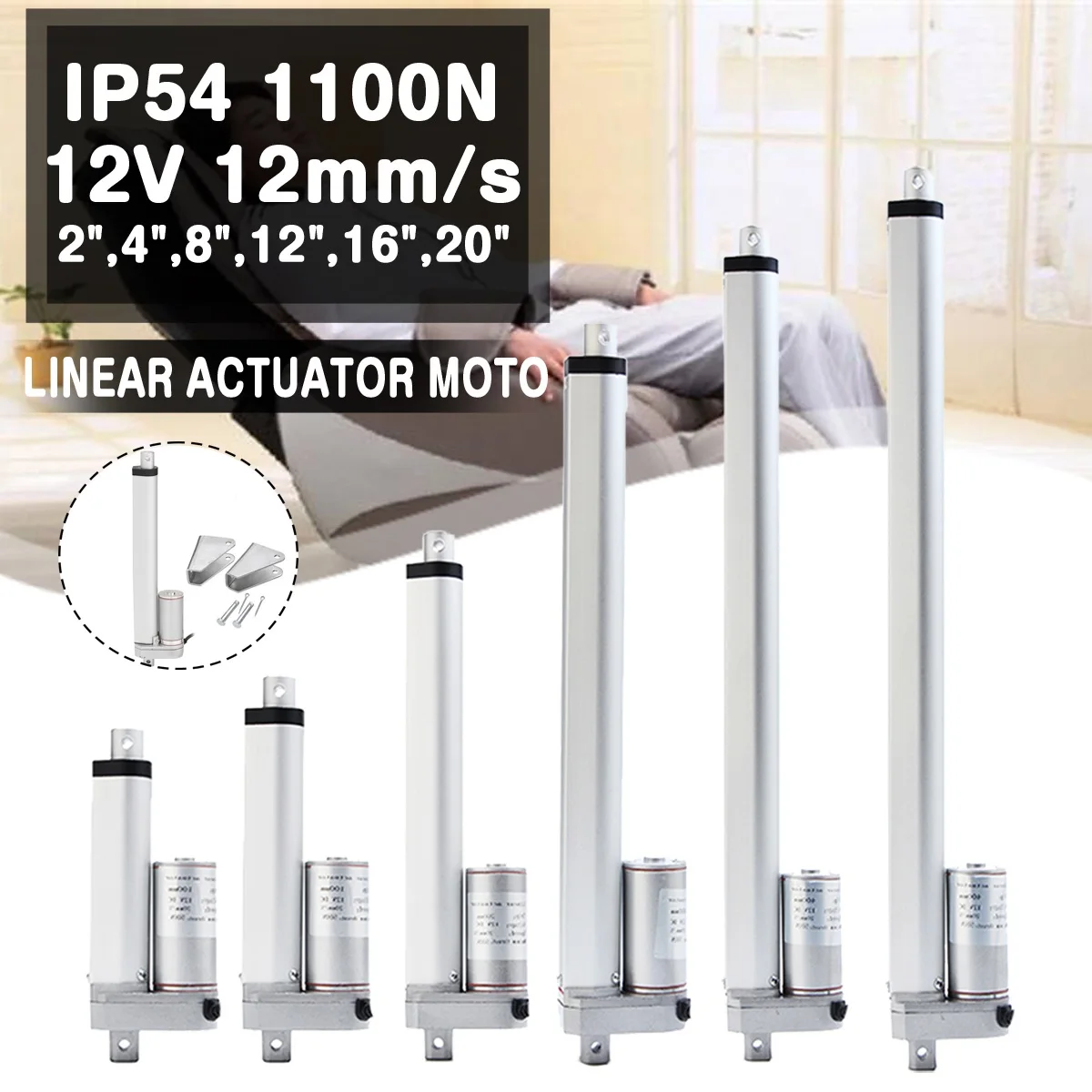 

IP54 1200N 12V 9mm/s Small DC Electric Push Rod White Material Aluminum Alloy For lectric Self Unicycle Scooter Input Voltage