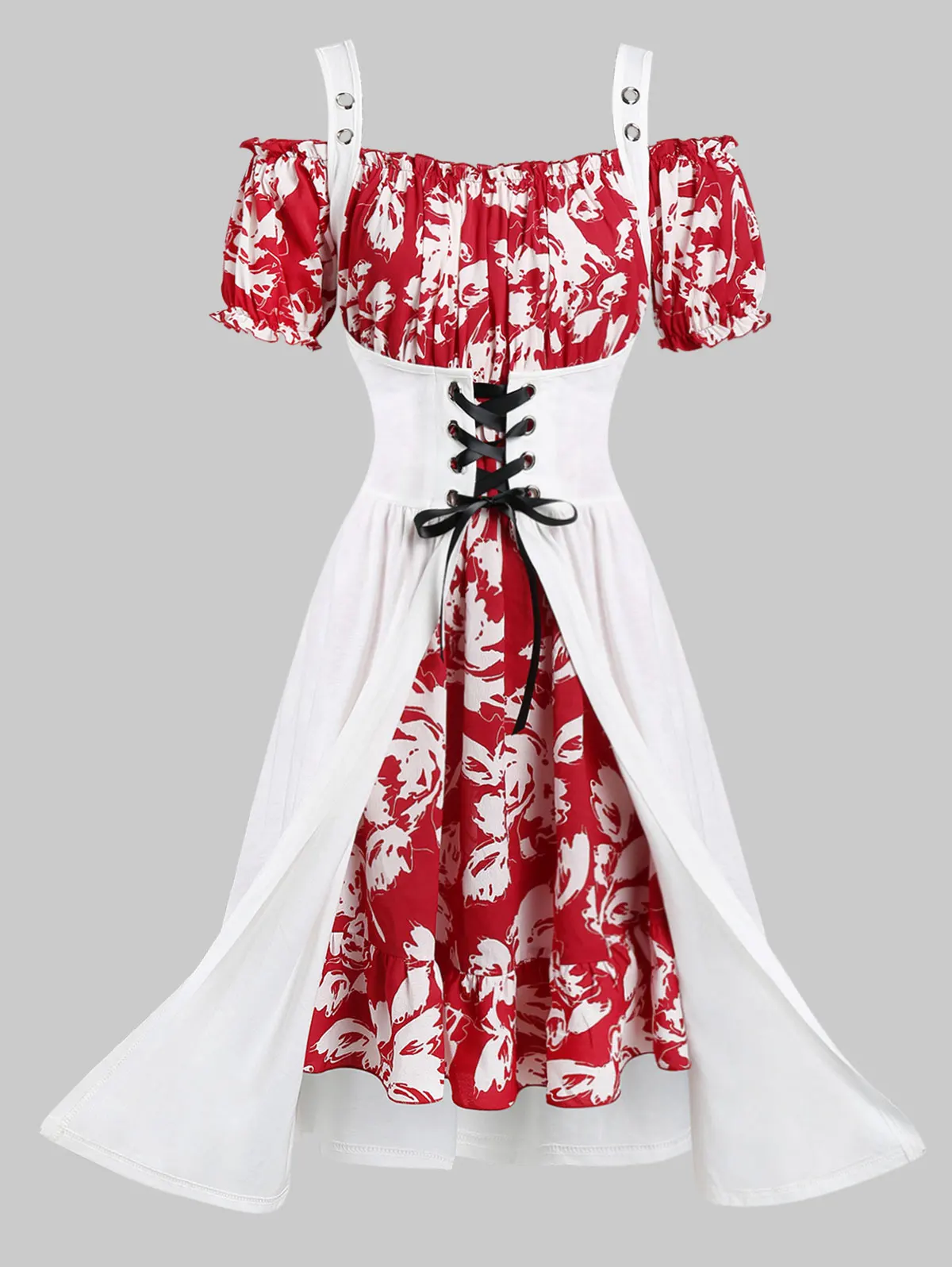 

ROSEGAL Plus Size Off Shoulder Floral Dress With Lace Up Top Short Sleeves Women Summer Dress Vestidos Mid-Calf A-Line Dress