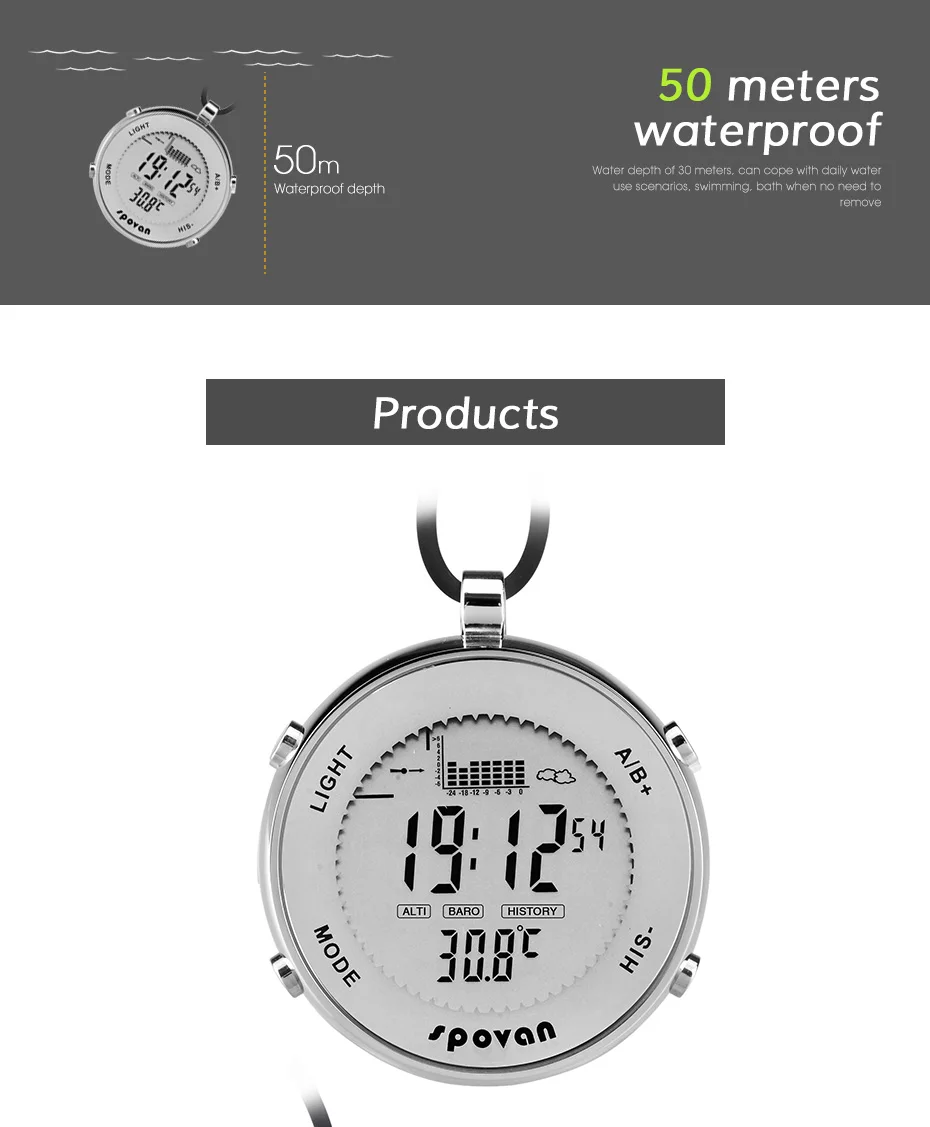 

Multifunctional electronic fishing pressure man pocket watch, height, temperature, weather record backlight waterproof watch