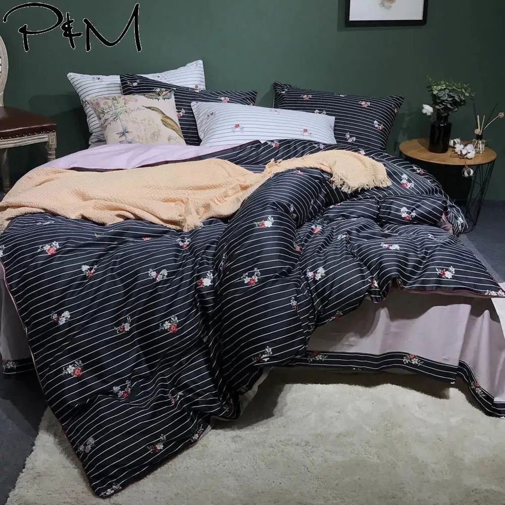 

2019 Simple Black White Lines Flowers Duvet Cover Set Queen King Size Bedlinens Flat Sheet Egyptian Cotton Bedding Set
