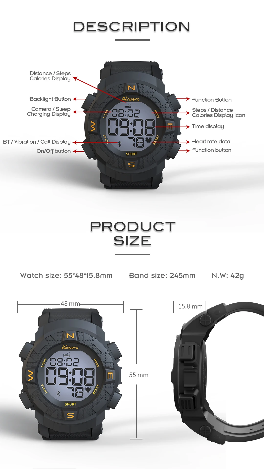 Ainuevo E1 Sport Smart Watch Man Bluetooth Swim Proof Waterproof Continuous Heart Rate Monitoring Smart Reminder