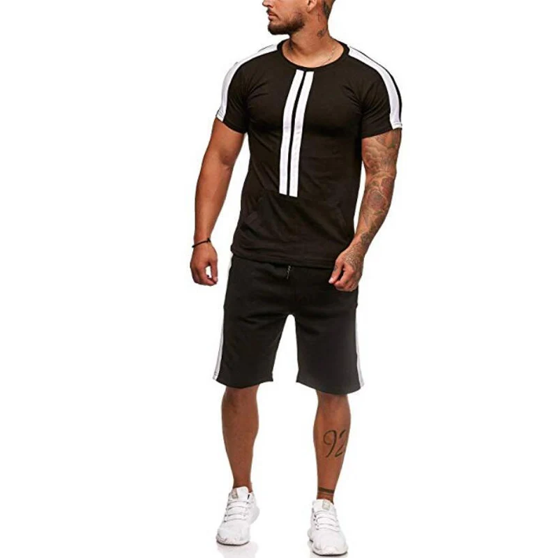 Summer Men's Sets T Shirts+Shorts Two Pieces Sets Casual Striped patchwork Tracksuit 2019 Plus size Gyms Fitness Sportwear set
