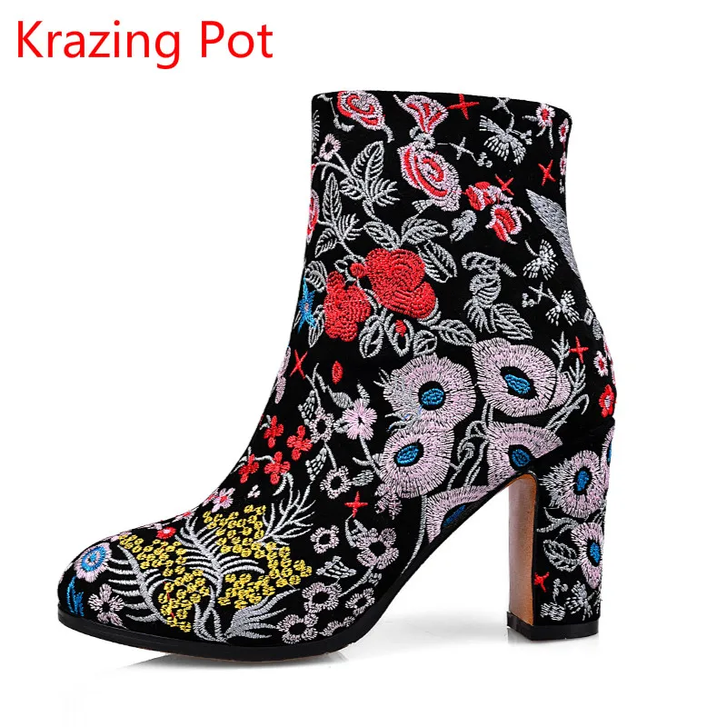 

2018 Fashion Women Brand Winter Shoes Embroidery High Heel Round Toe Floral Women Ankle Boots Thick Heel Chinese Style Boots L30