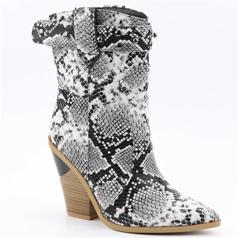 MORAZORA/ г., новые женские ботинки ковбойские ботинки с острым носком на высоком толстом каблуке женские ботильоны из высококачественной искусственной кожи - Цвет: white snake
