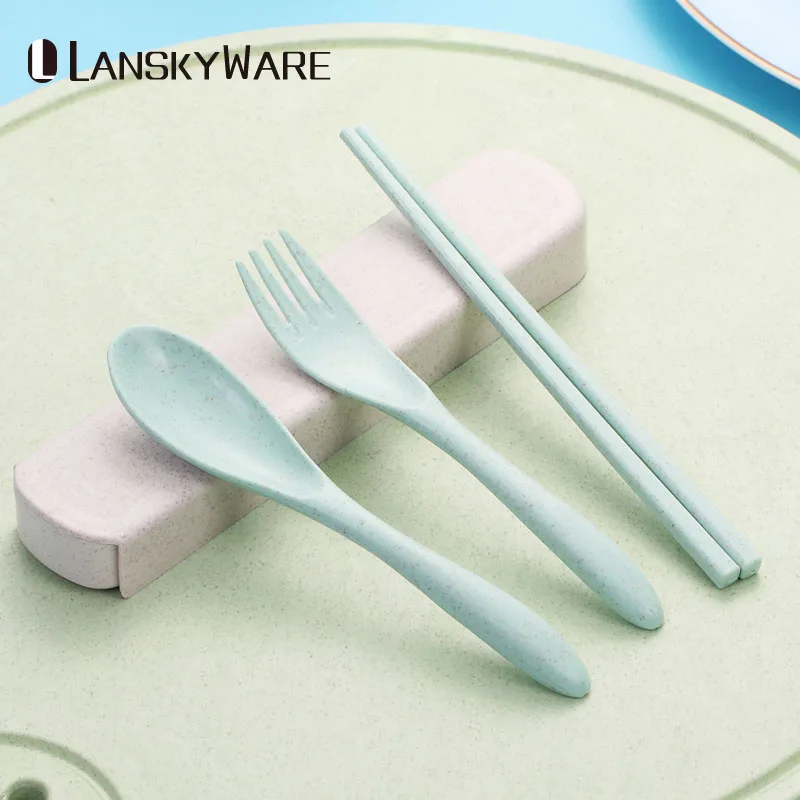 

LANSKYWARE Portable Chinese Wheat Straw Tableware Set Kitchen Eco-Friendly Kids Dinnerware For Children School Picnic Dinner Set