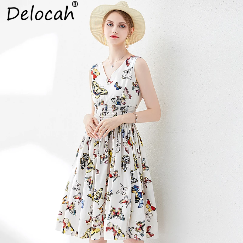 

Delocah Women Summer Dress Runway Fashion V-Neck Elastic Waist Butterfly Print Elegant Ladies Casual Midi 100% Cotton Dress