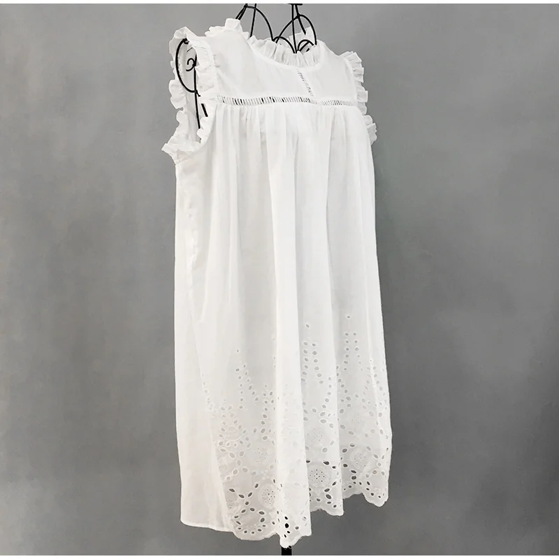 White Hollow Out Ruffles Sleeveless Women s Nightgown Casual Loose Night Mini Dress 2019 Summer Retro Court Plus Size Homewear