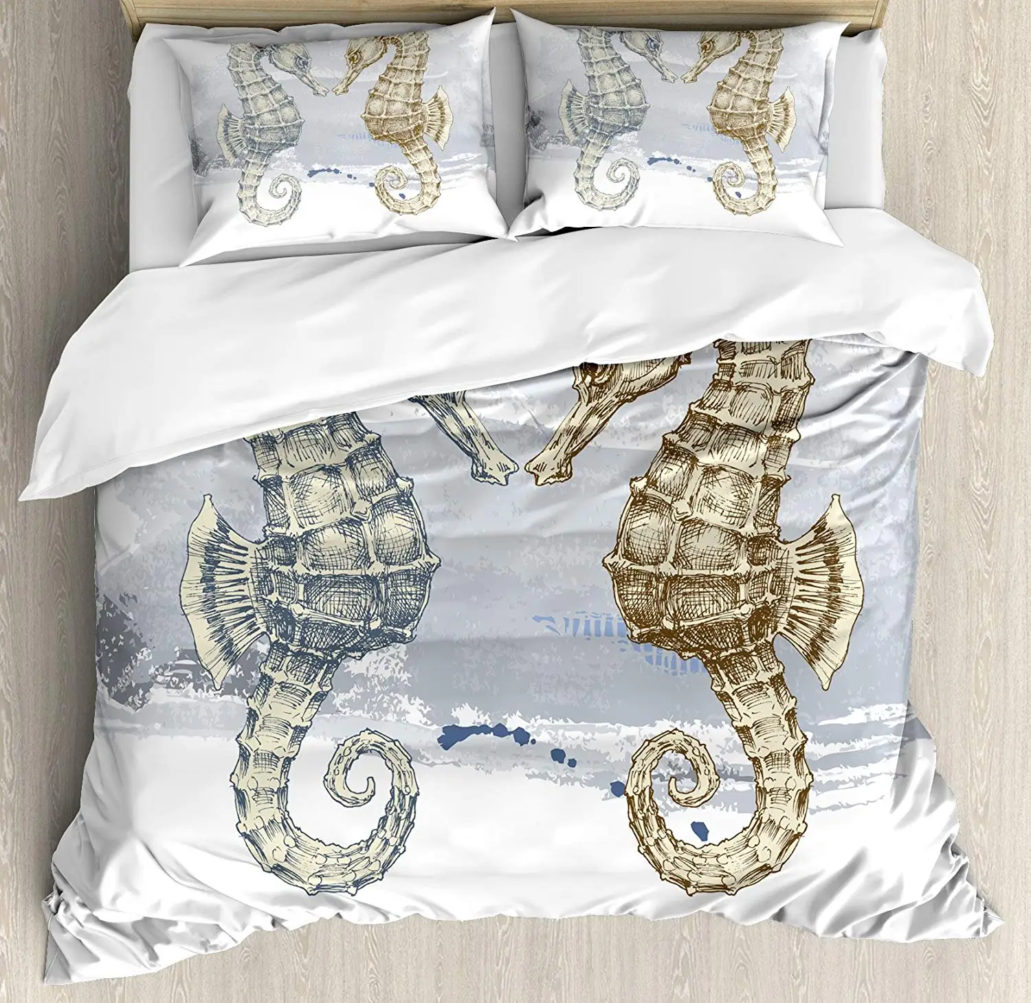 

Animal Decor Duvet Cover Set Seahorse Love Valentine's Paintbrush Art Technique Grunge Splash Background Bedding Set King Size