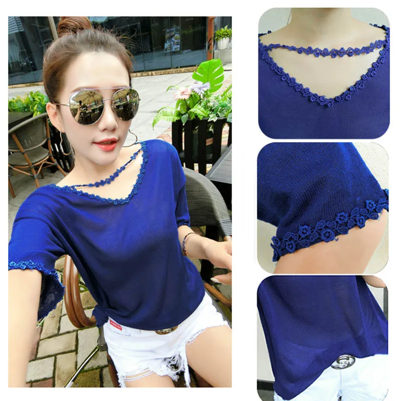 Summer Hollow Knitted Woman Short Sleeve Lace Flower V Neck Pullover Sweater Female Tops Elastic Loose knitting 2019 Spring New