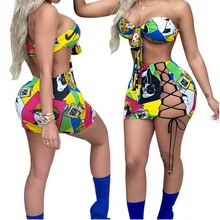 Women Two Piece Set Printed Outfits Sexy Bandage Mini Skirt And Top Bra Wrap Chest Strapless Bodycon Night Club Suit