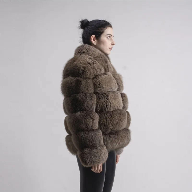 Женская зимняя шуба из натурального Лисьего меха с воротником стойкой|real fox fur