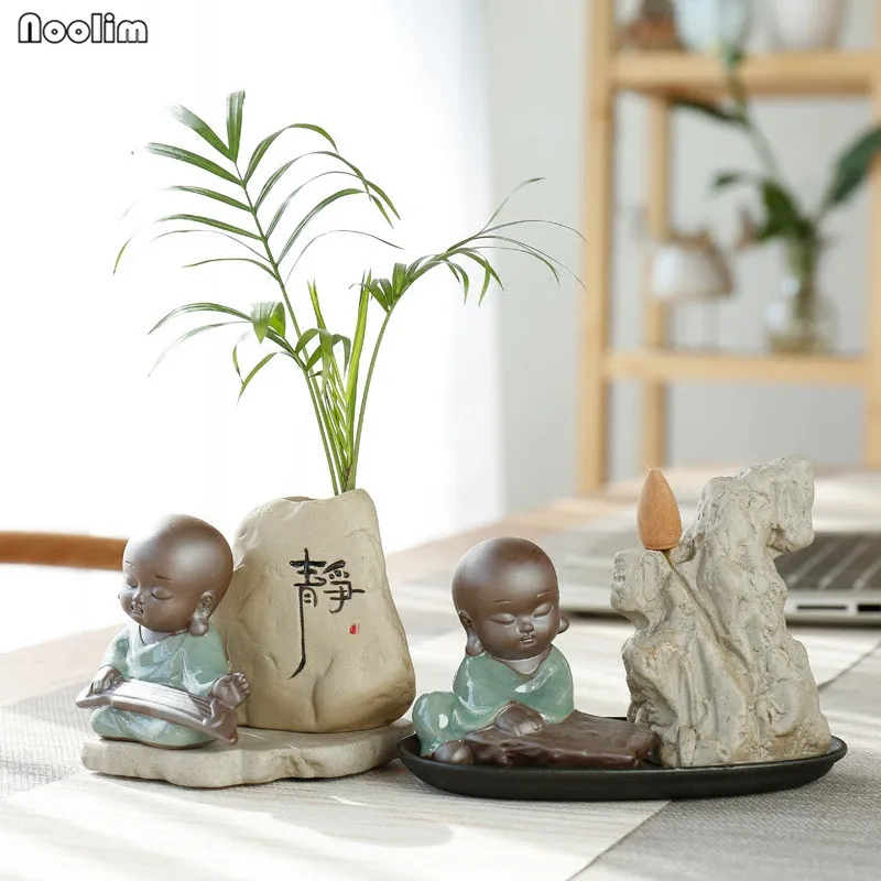 

NOOLIM Pottery Imitation Stone Little Monk Vase Hydroponic Flower Tabletop Living Room Decoration Tea Pet Zen Flower Pot