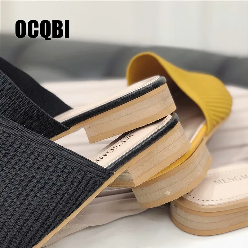 Najtaniej 2019 marka muły elastyczna tkanina buty na płaskiej podeszwie z okrągłym noskiem obcasy gumką obuwie damskie żółty czarny Slip On slajdy