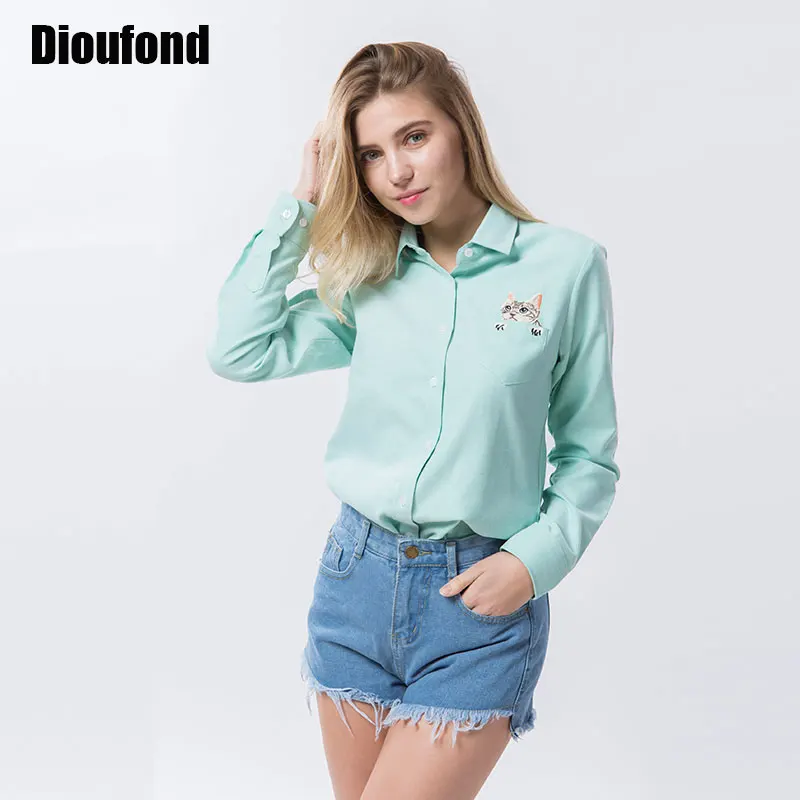 Image Dioufond Cat Embroidery Long Sleeve Women Blouses And Shirts White Blue Female Ladies Casual Shirt Tops Plus Size Blusas Blouse