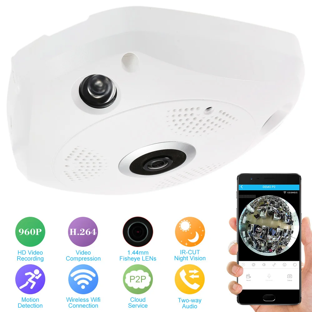 360 градусов Беспроводная Wi-Fi VR ip-камера HD 960P полный обзор 1 44 мм объектив рыбий глаз
