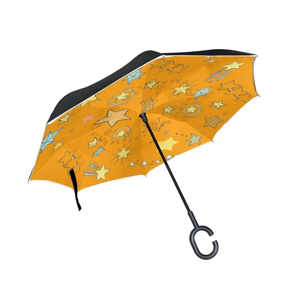

Susino Orange Decoration Stars Reverse Umbrella Rain Umbrella Lady Car Umbrella Free Hands UV Protection Stick Inverted Umbrella