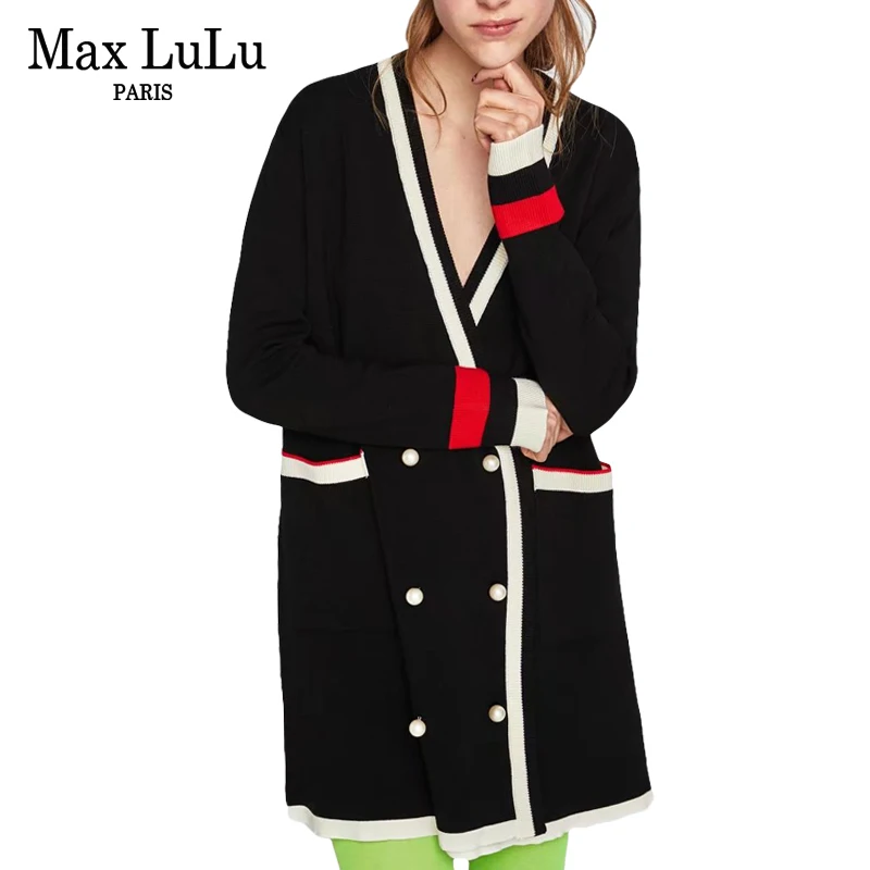 Max LuLu Роскошный Британский шерстяной трикотаж для девочек жемчужный кардиган для женщин 3d полосатый длинный свитер Pull Femme Hiver женская вязаная одежда