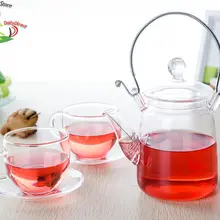 1х чайный Set-350ml термостойкий стеклянный чайник с ручкой из нержавеющей стали+ 2* чашка+ 2* блюдце
